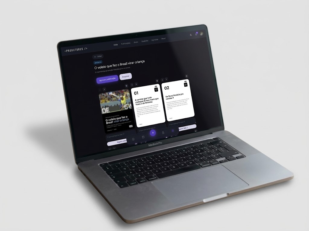 MacBook exibindo o Produtorus com uma publicação pronta: capa e cards do carrossel aguardando aprovação