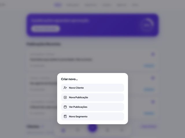 Menu Criar novo com as opções Novo Cliente, Nova Publicação, Ver Publicações e Novo Segmento