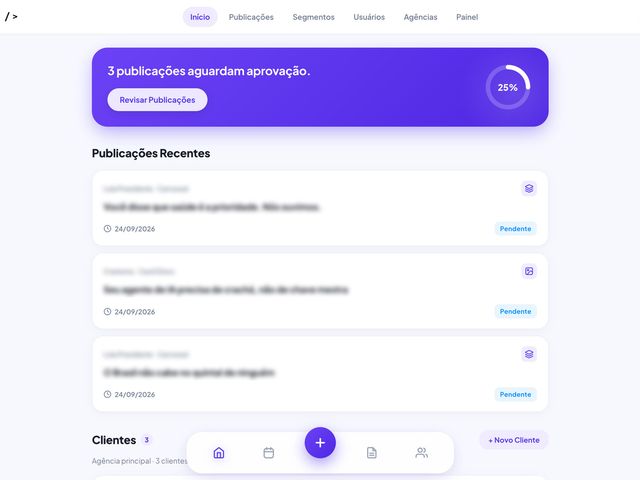 Tela inicial do Produtorus com publicações aguardando aprovação e a lista de publicações recentes por cliente
